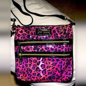 Betsey Johnson Leopard Ombre Sequin Triple Zip Crossbody Purse